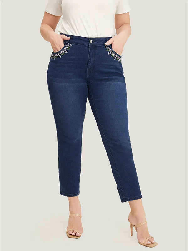 Organic Jeans for Natural -Straight Very Stretchy High Rise Dark Wash Embroidered Trim Jeans