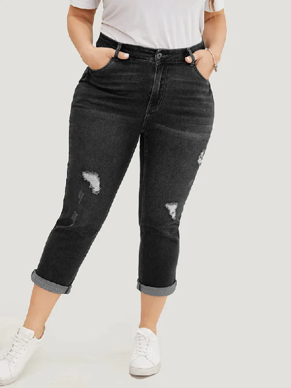 Flare Jeans for Retro Vibe -Very Stretchy  Dark Wash Roll Hem Cropped Jeans