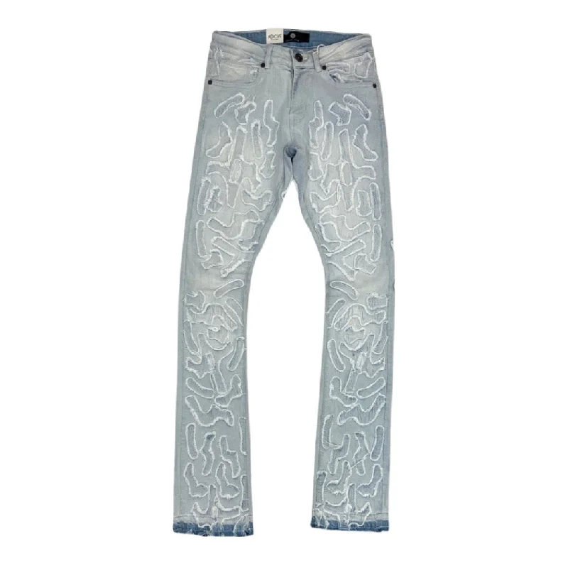 Leather Trim Jeans for Luxury -Focus Art Light Blue Stacked Jeans (3471)