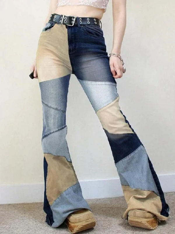 Blue Jeans for Everyday Wear -Mix Color Denim Irregular Splice Flare Jeans