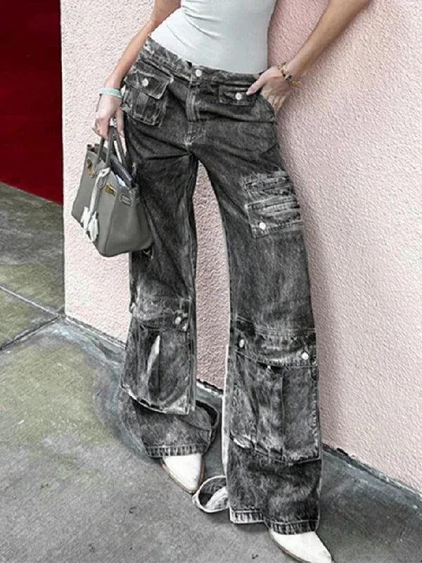 Wide Leg Jeans for Comfort -Distressed Multi Pocket Low Rise Cargo Jeans