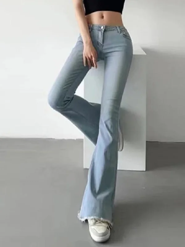 Pencil Skirt Jeans for Sophistication -Washed Low Waist Stretchy Mopping Flare Jeans