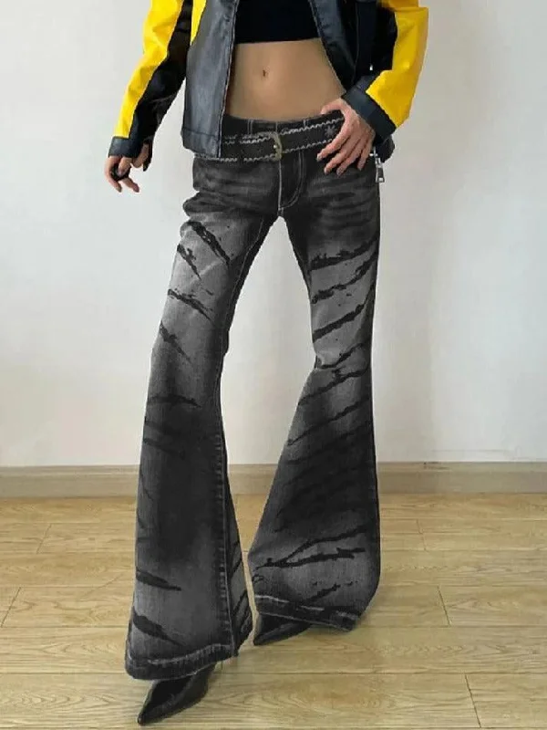 Outdoor Jeans for Adventures -Punk Crackle Print Low Rise Flare Jeans