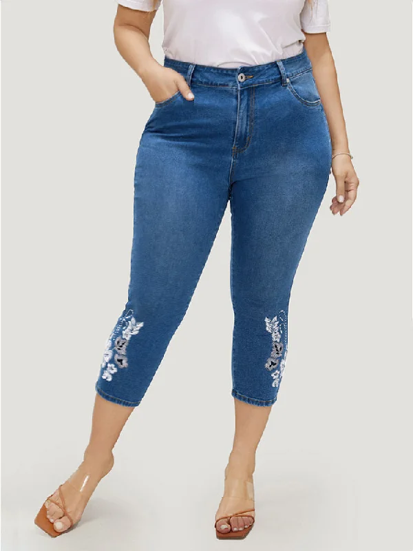 Cuffed Jeans for Stylish Touch -Very Stretchy High Rise Medium Wash Embroidered Cropped Jeans