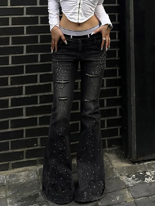 Raw Denim Jeans for Authentic -Rhinestone Ripped Low-Rise Flared Jeans