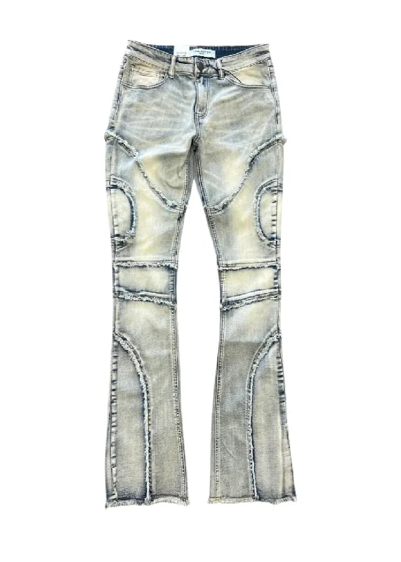 Leather Trim Jeans for Luxury -Reelistik Jala Vintage Blue Stacked Jeans (RST5038-3)