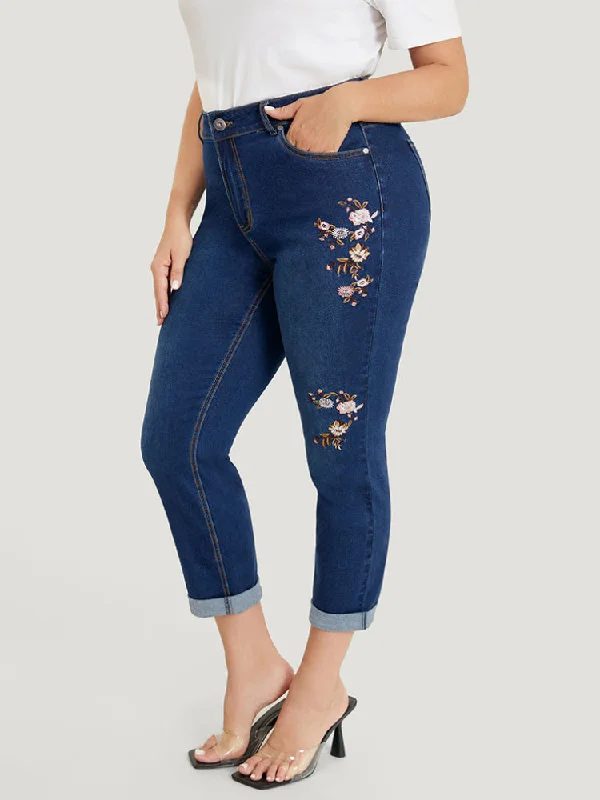 Distressed Jeans for Edgy Style -Straight Leg Very Stretchy Dark Wash Floral Embroidered Jeans