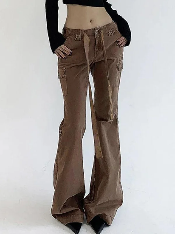 Casual Friday Jeans for Relaxed -Vintage Brown Button Lace Up Flare Jeans