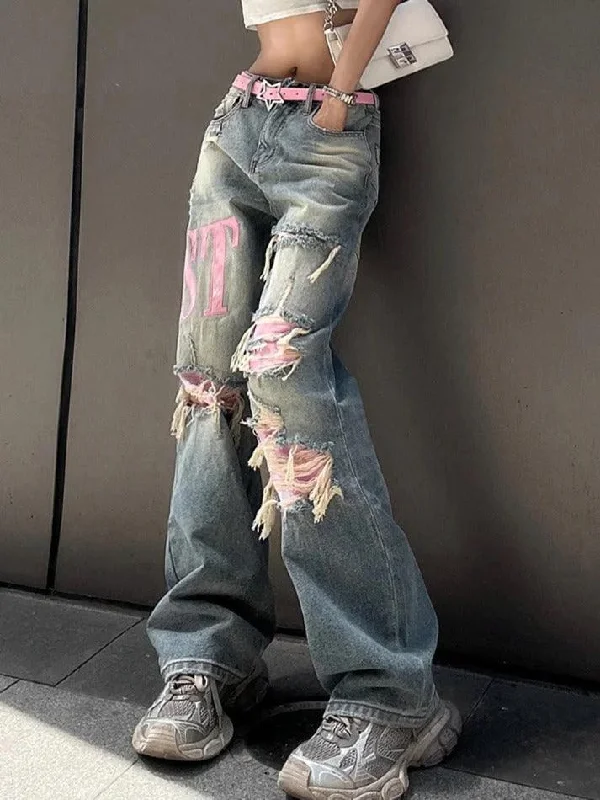 Gray Jeans for Neutral Tone -Y2K Pink Ripped Embroidery Boyfriend Jeans