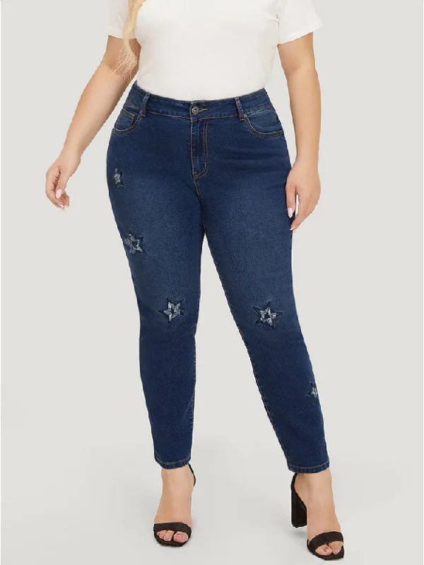 Father's Day Jeans for Present -Very Stretchy High Rise Medium Wash Star Embroidery Jeans