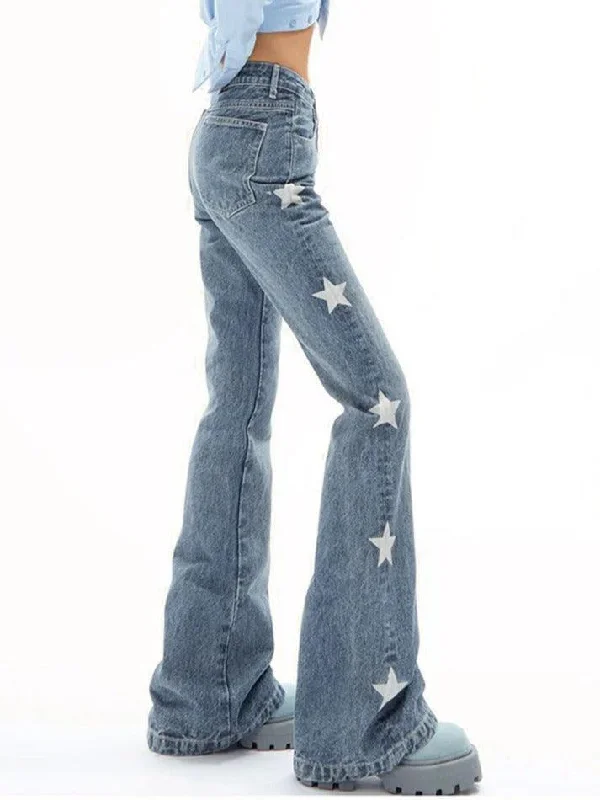 Mini Shorts Jeans for Youthful -Vintage Star Print High Rise Flare Jeans