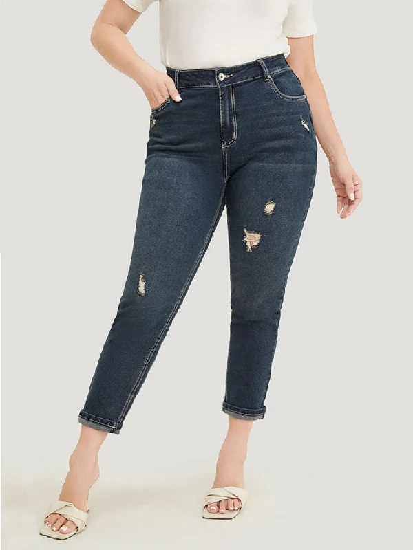 Business Jeans for Dressy -Very Stretchy  High Rise Dark Wash Distressed Stitch Jeans