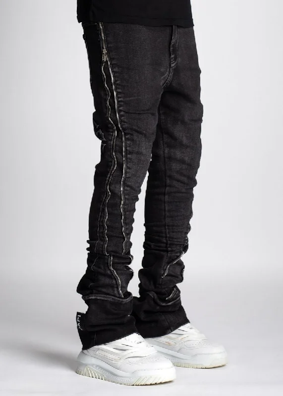 Back Pocket Jeans for Design -Guapi Iron Grey Zipper Stacked Jeans