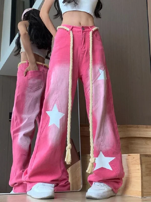 Fashion Jeans for Trendsetter -Pink Star Print Splice Boyfriend Jeans