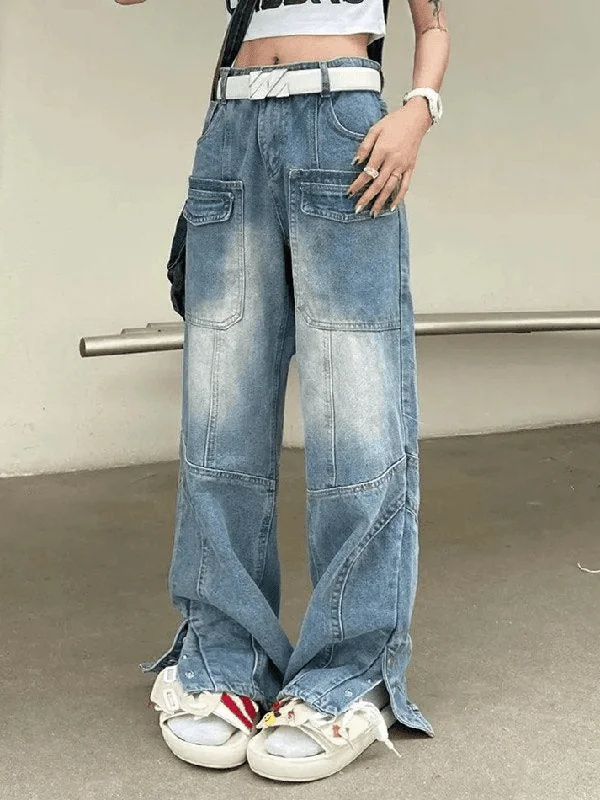 Side Pocket Jeans for Extra -Button Split Blue Cargo Jeans