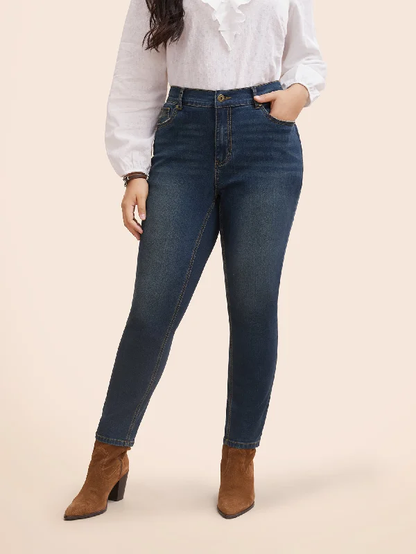 Pencil Skirt Jeans for Sophistication -Stretch Denim Pocket Distressing Slim-Fit Jeans