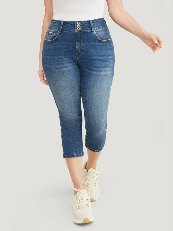 Blue Jeans for Everyday Wear -Very Stretchy High Rise Medium Wash Cropped Jeans