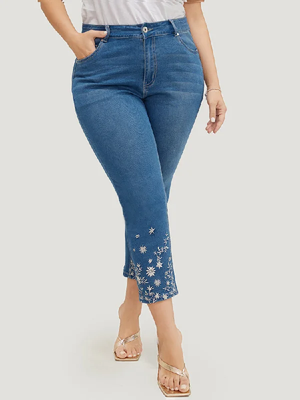 Low Waisted Jeans for Casual -Very Stretchy High Rise Medium Wash Embroidered Hem Jeans