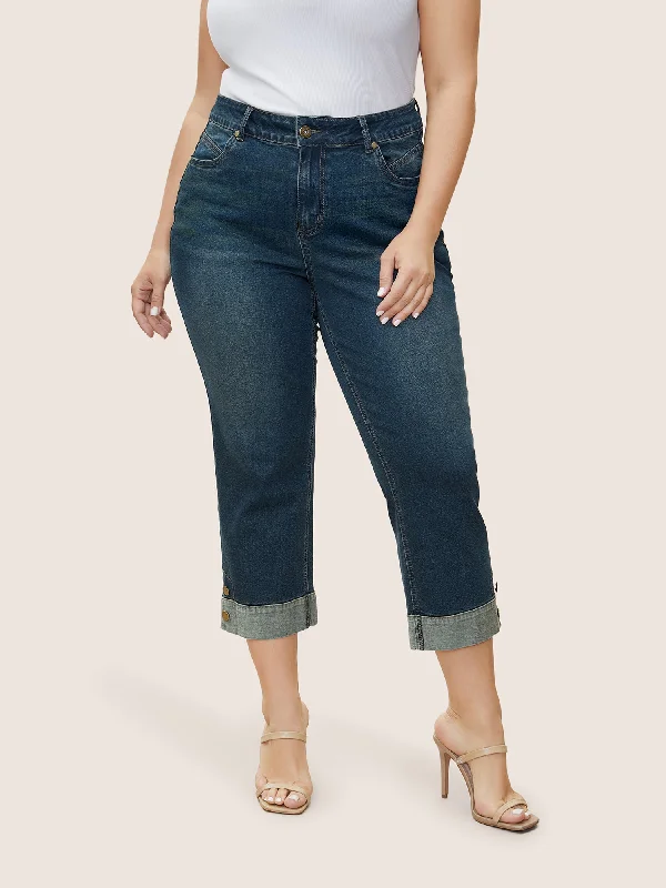 Affordable Jeans for Budget -Straight Leg Patchwork Hem Metal Button Detail Jeans