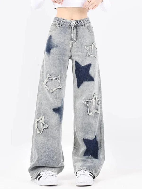 High-end Jeans for Exclusivity -Star Embroidery Raw Trim Boyfriend Jeans