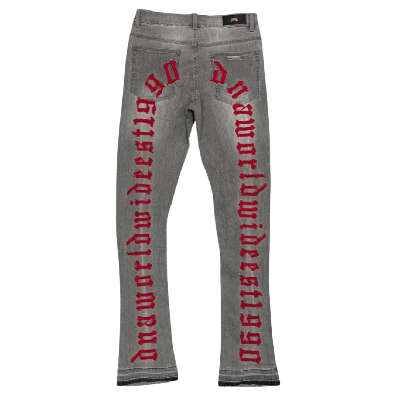 Embroidered Jeans for Detail -DNA Worldwide “Red Script” Flare Stack Jeans