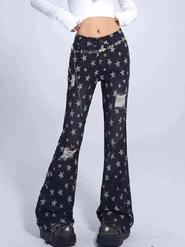 Designer Jeans for Luxury -Vintage Star Print Ripped Flare Jeans