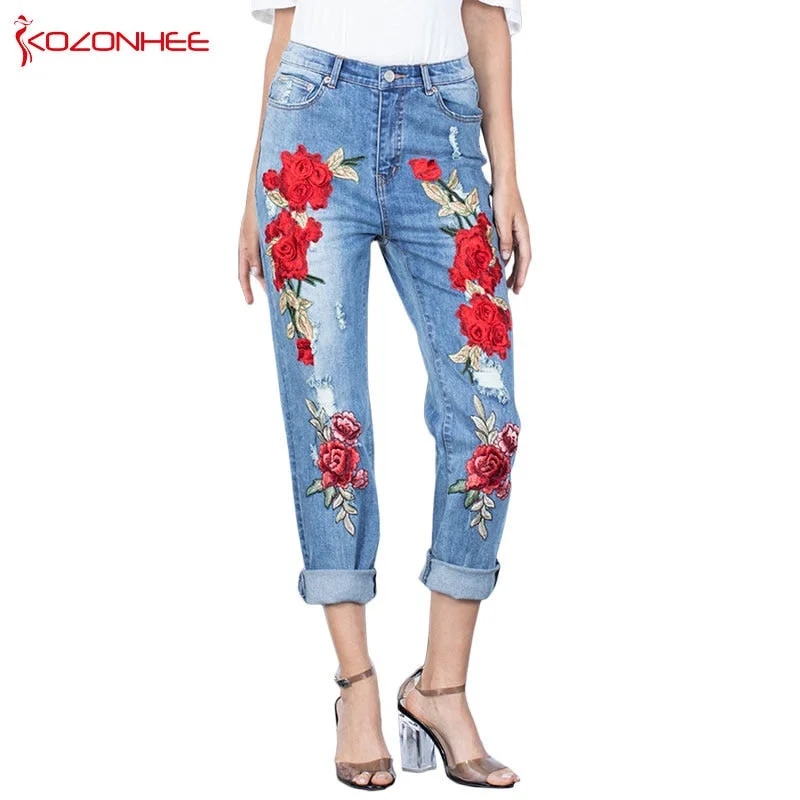 Fashion Jeans for Trendsetter -Stretching 3D Torn Jeans With Embroidery Rose Flower Elastic Jeans Women's With  Female Large Size