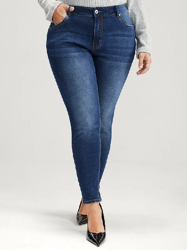 Cycling Jeans for Biking -Mom Jeans Straight Very Stretchy High Rise Medium Wash Contrast Jeans