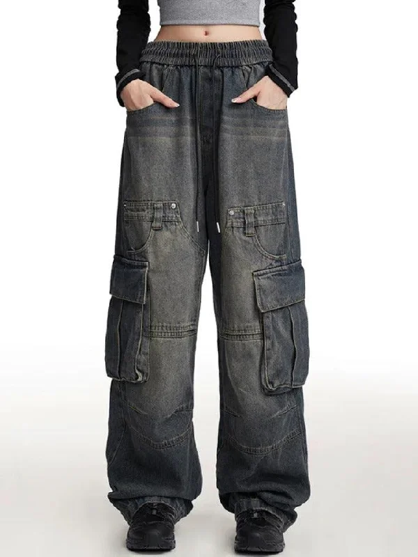 Holiday Jeans for Festive -Vintage Distressed Multi Pocket Cargo Jeans