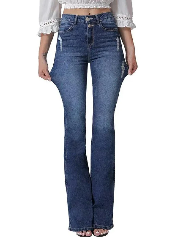 High Waisted Jeans for Shape -Vintage Blue High Elasticity Ripped Flare Jeans