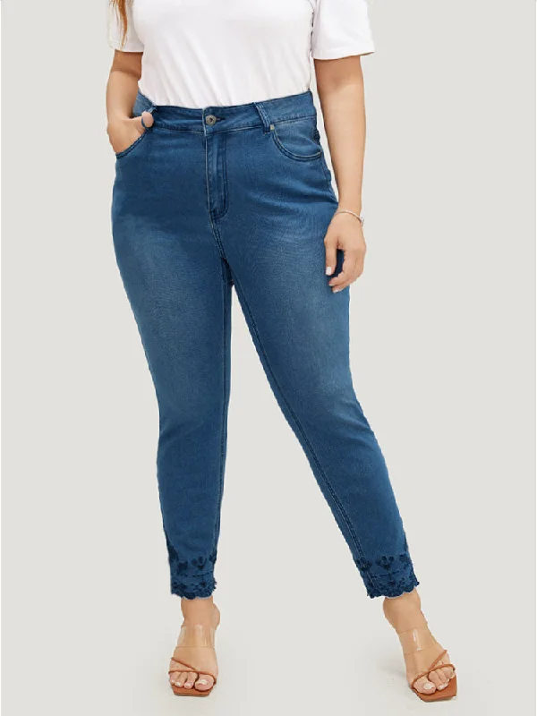 High Waisted Jeans for Shape -Very Stretchy High Rise Medium Wash Embroidered Scalloped Hem Jeans