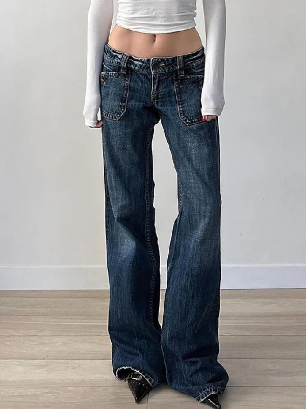 Bootcut Jeans for Flattering -Vintage Pocket Washed Low-Rise Straight-Leg Jeans