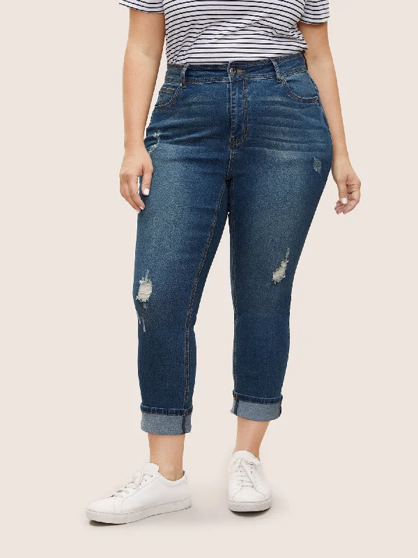 Sustainable Jeans for Eco -Roll Hem Ripped Pocket Straight Leg Cropped Jeans