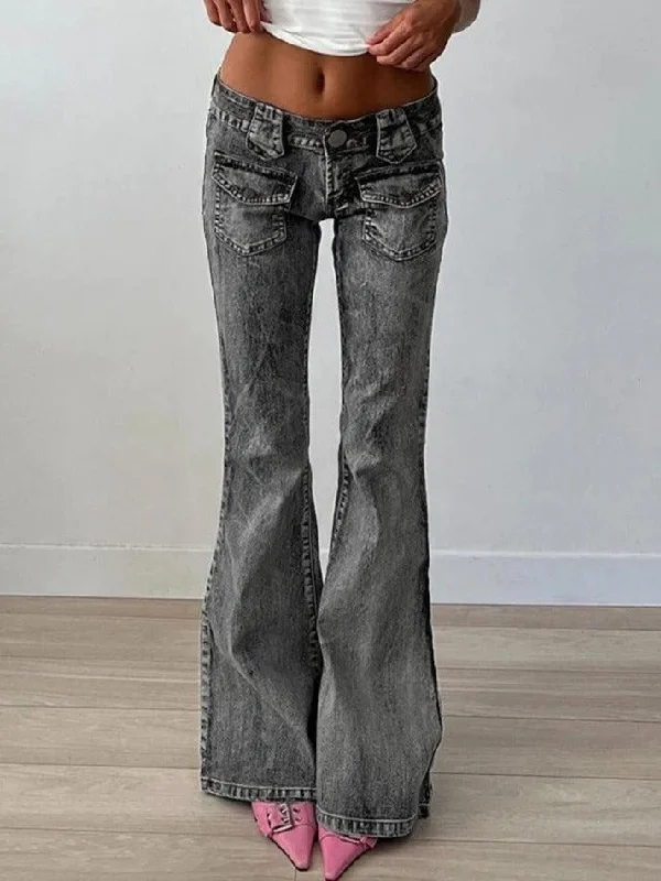 Gray Jeans for Neutral Tone -Vintage Distressed Dual Pocket Low Rise Flare Jeans