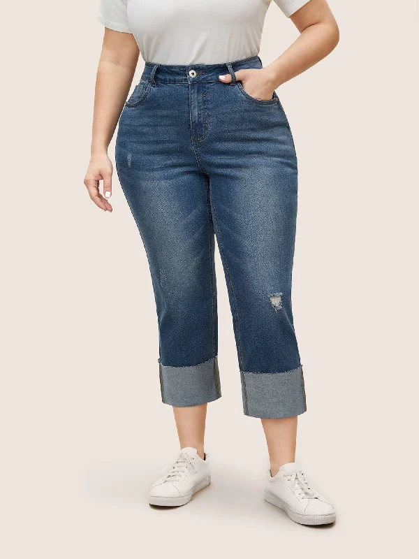 Anniversary Jeans for Special -Medium Wash Distressed Roll Hem Jeans