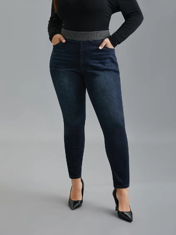 Leather Trim Jeans for Luxury -Stretchy Whiskered Waist Skinny Knit Jeans