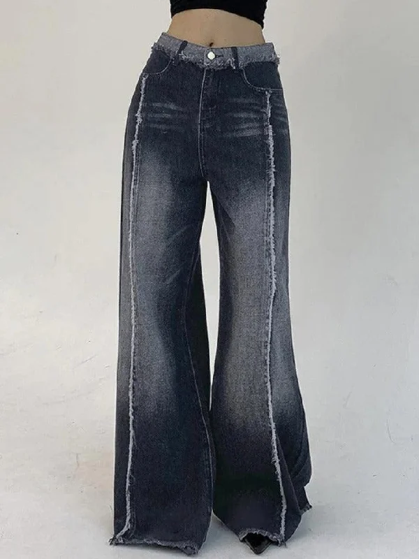 Belt Loops Jeans for Accessorizing -Wash Ombre Raw Trim Low Rise Boyfriend Jeans