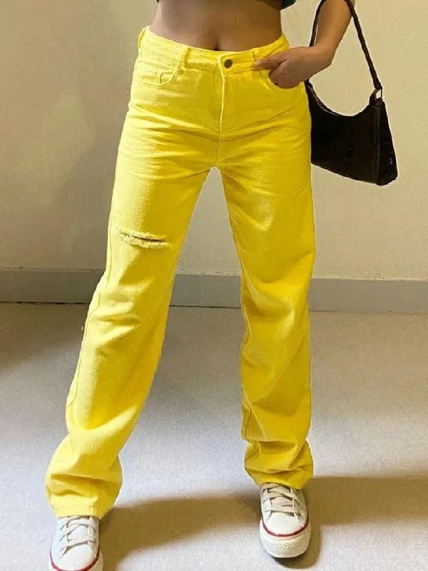 Overalls Jeans for Workwear -Yellow Distressed Ripped Jeans