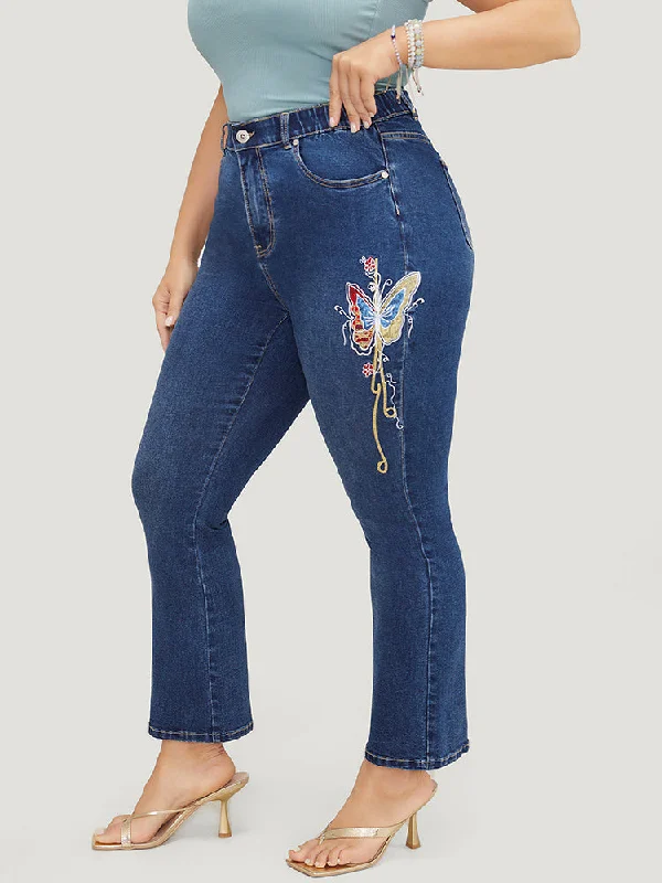 Raw Denim Jeans for Authentic -Butterfly Embroidered Moderately Stretchy High Rise Dark Wash Bootcut Jeans