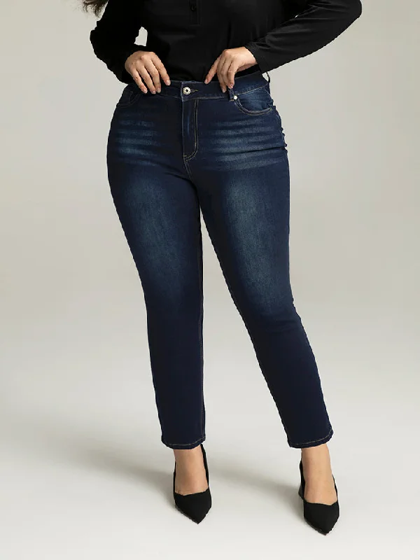 Embellished Back Pocket Jeans for Glamour -Plain Straight Leg Pocket High Rise Jeans