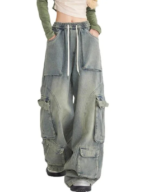 Fringed Jeans for Western -Wash Multi Pocket Drawstring Cargo Jeans