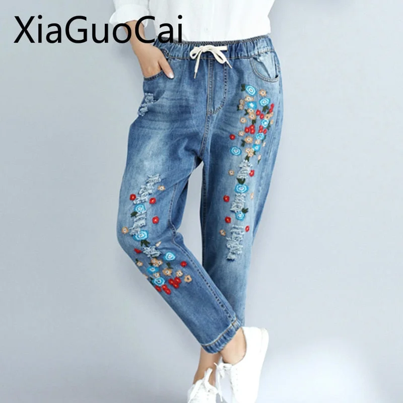 Weekend Jeans for Lazy -Flowers Women Jeans Large Size Women's Autumn Casual Embroidery Pants Loose Thin Nine Ripped Pants Jeans for Women