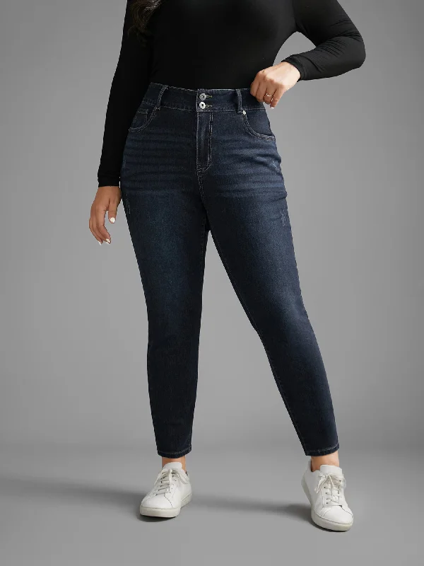 Frayed Hem Jeans for Edgy -Dark Wash Button Up Skinny Jeans