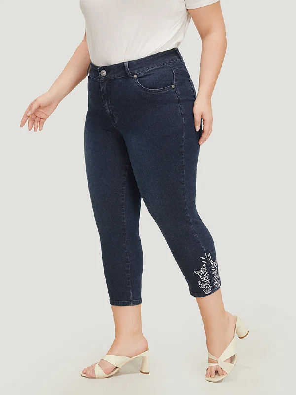 Relaxed Jeans for Comfortable -Very Stretchy High Rise Dark Wash Butterfly Embroidered Jeans