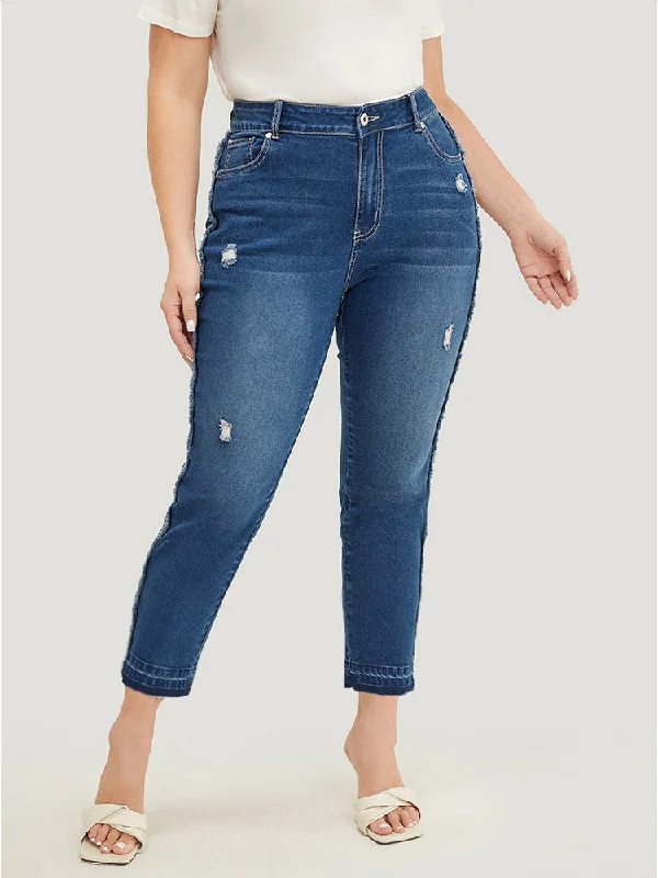 Designer Jeans for Luxury -Very Stretchy High Rise Medium Wash Raw Trim Jeans