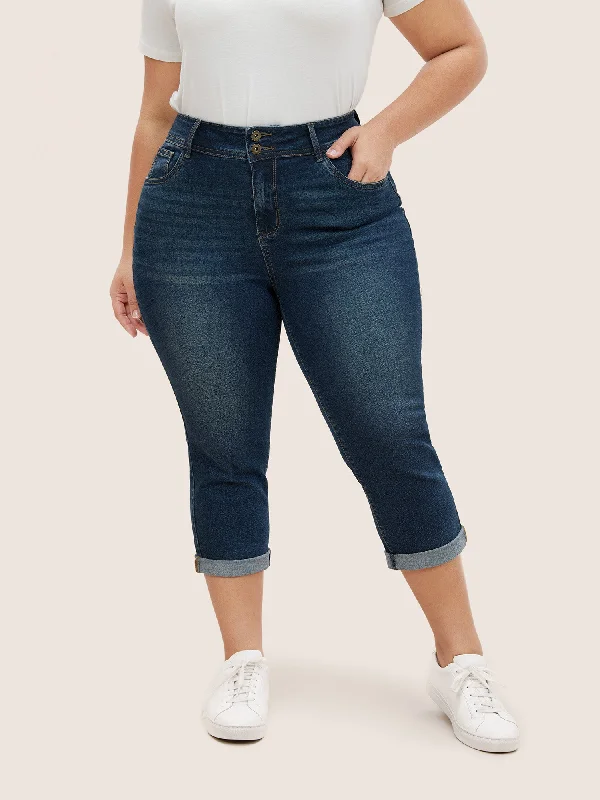 Mini Skirt Jeans for Flirty -Skinny Roll Hem Cropped Button Up Jeans