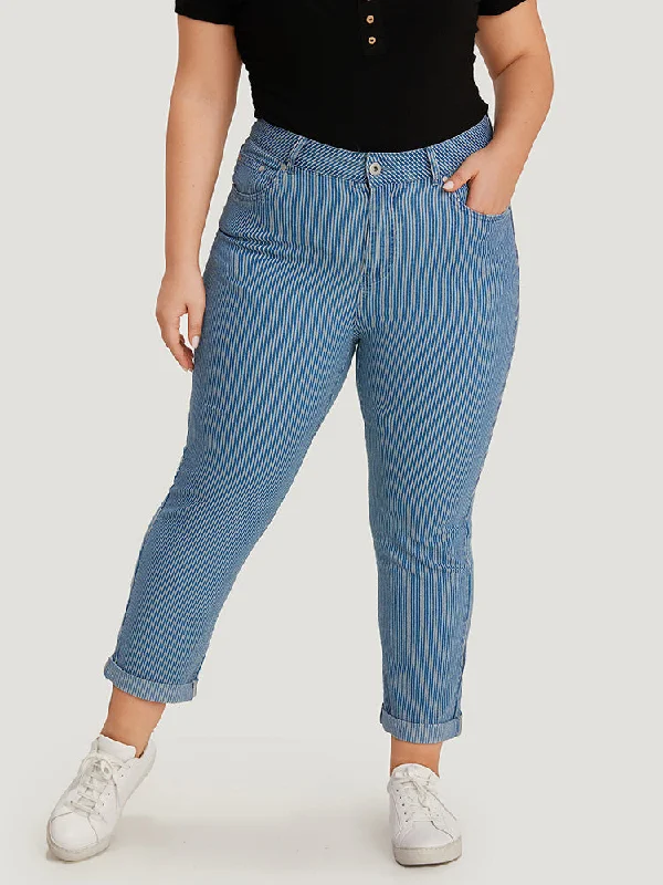 A-line Skirt Jeans for Grace -Striped Print Roll Hem Zipper Fly Jeans