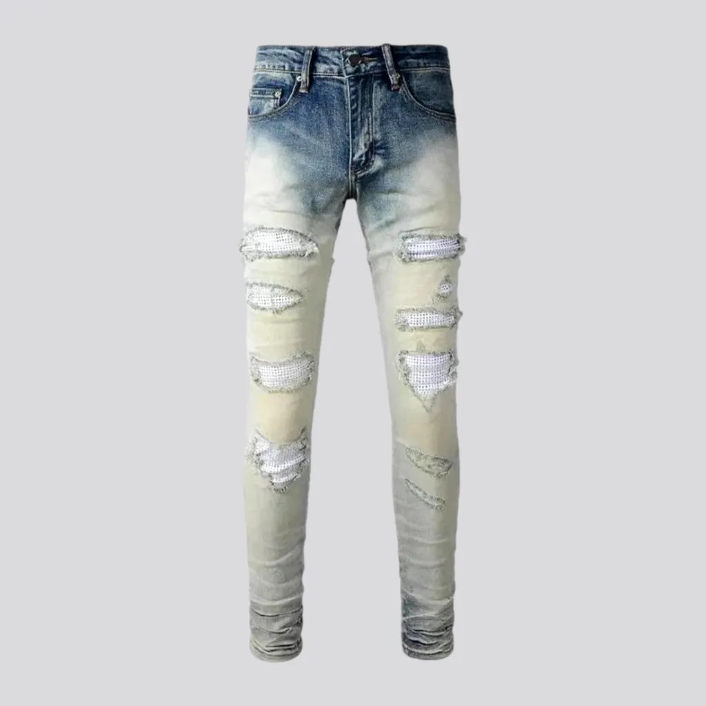 Raw Hem Jeans for Trendy -Skinny fit fashion grunge men's jeans