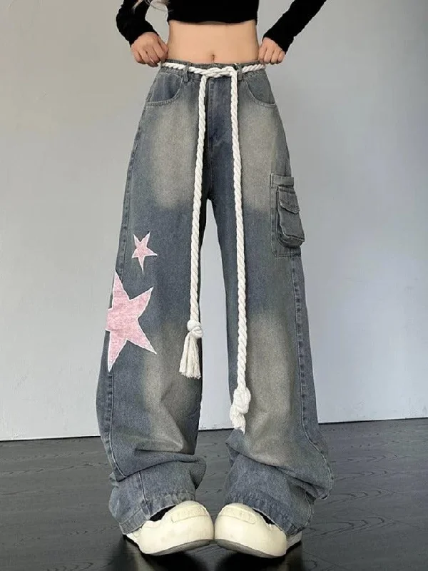 Faded Jeans for Laid-back -Vintage Star Patch Print Boyfriend Jeans