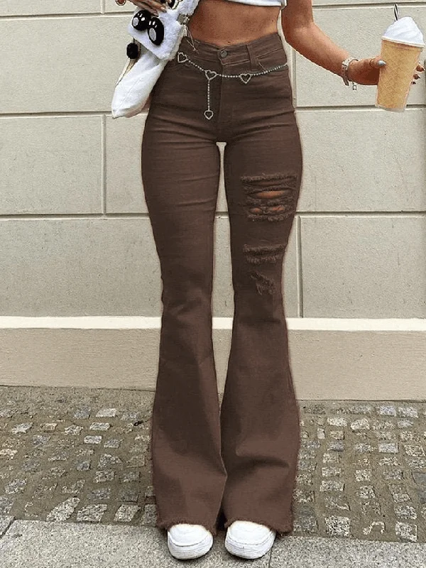 Holiday Jeans for Festive -Distressed Stretch Flare Jeans